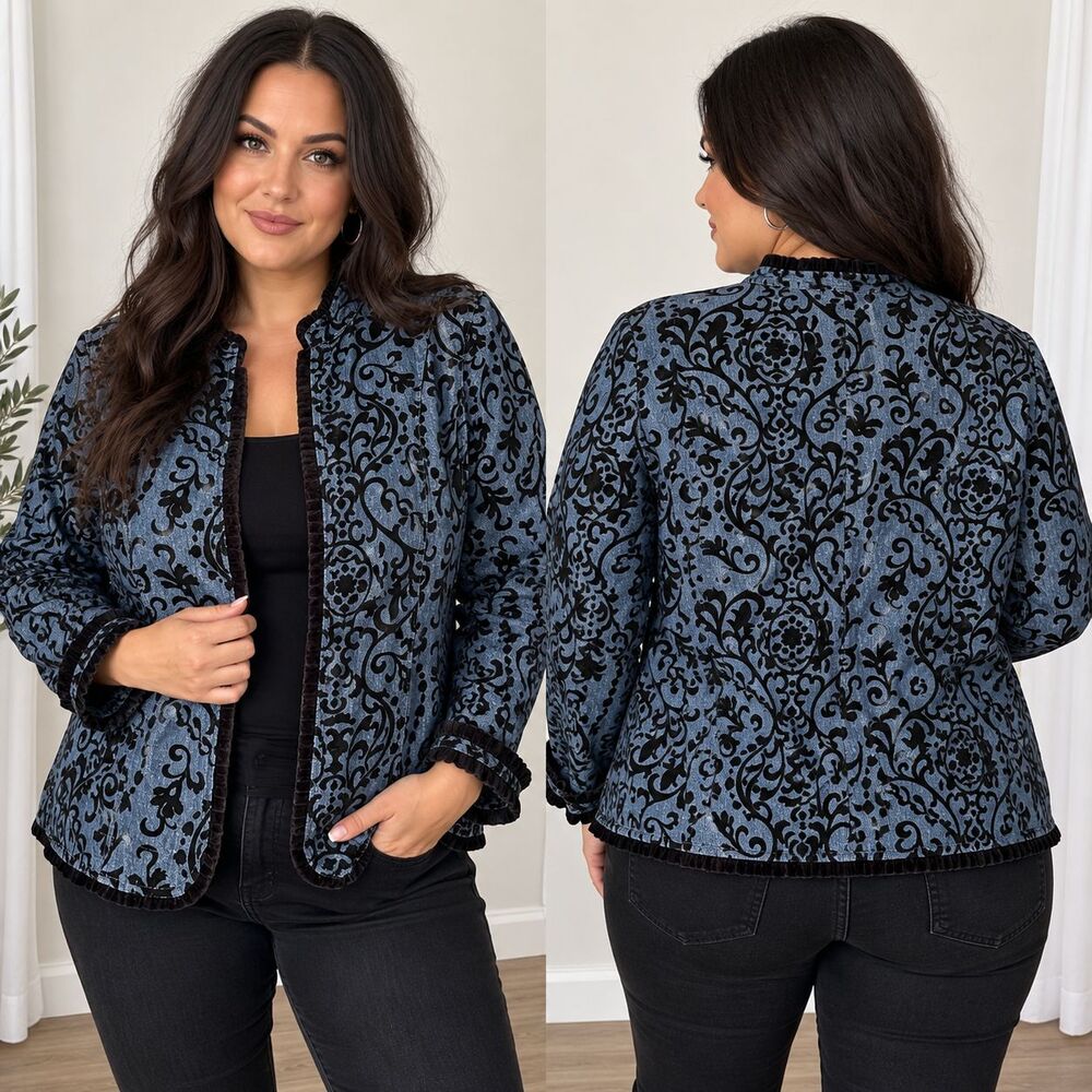 VTG Tantrums XXL Denim Jacket Black Velvet Flocked Baroque Cotton Y2K Goth Glam
